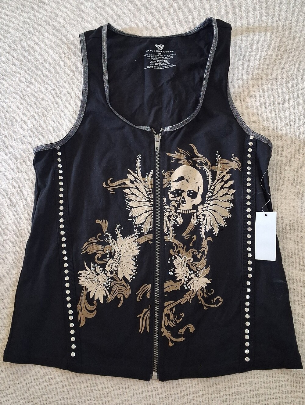 vance biker wear ♡ zip tank top goth glam alt y2k grunge skull wings studs
